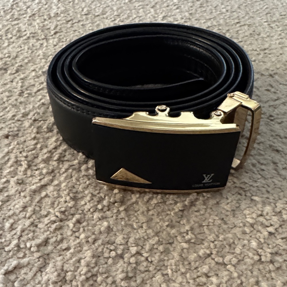 Louis Vuitton Black Leather Men's Belt with Gold Accent Buckle